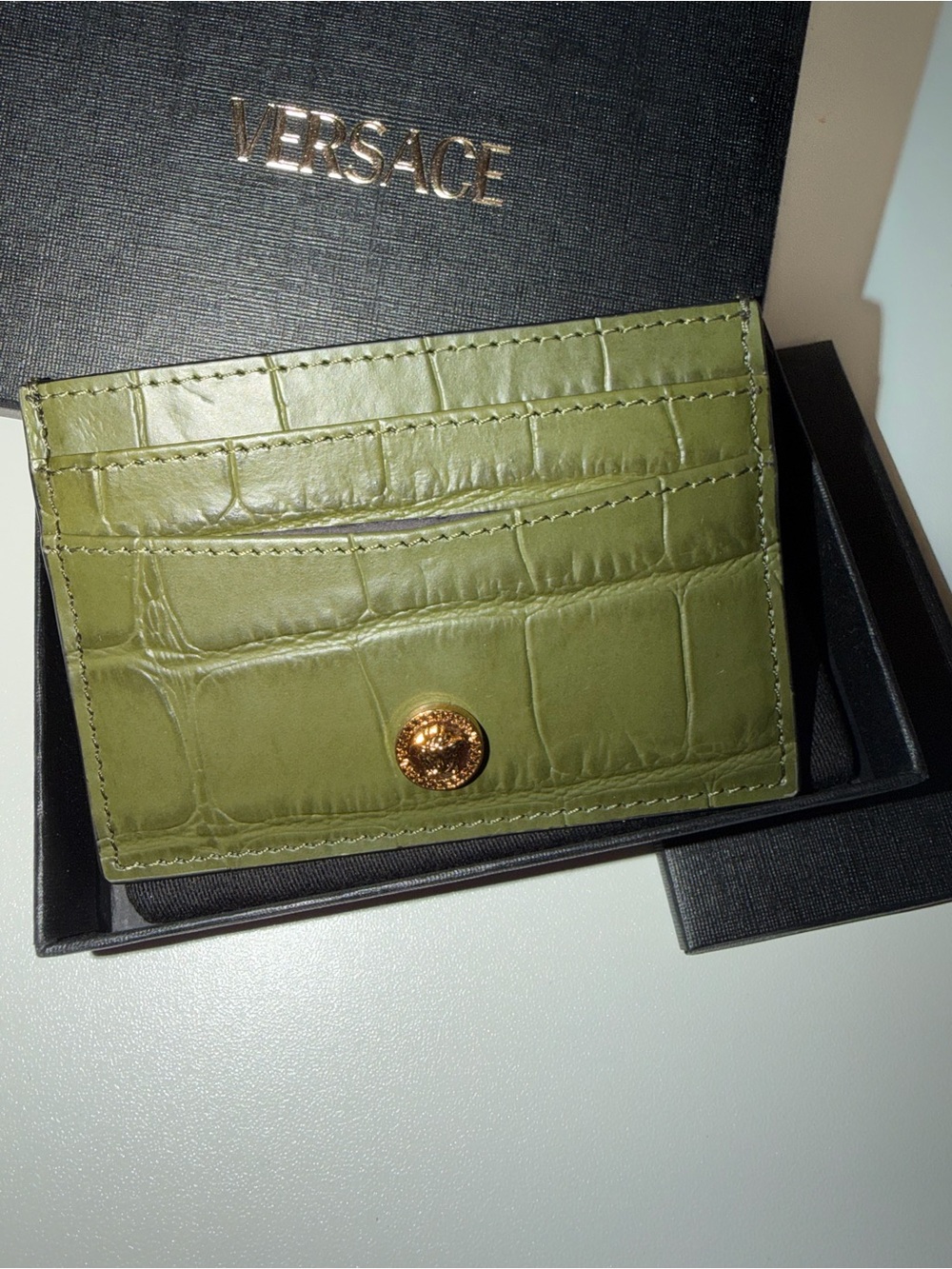 Versace Olive Croc-Embossed Leather Card Case with Gold Medusa Button